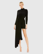 Black Jersey High Neck Asymmetrical Draped High Low Dress